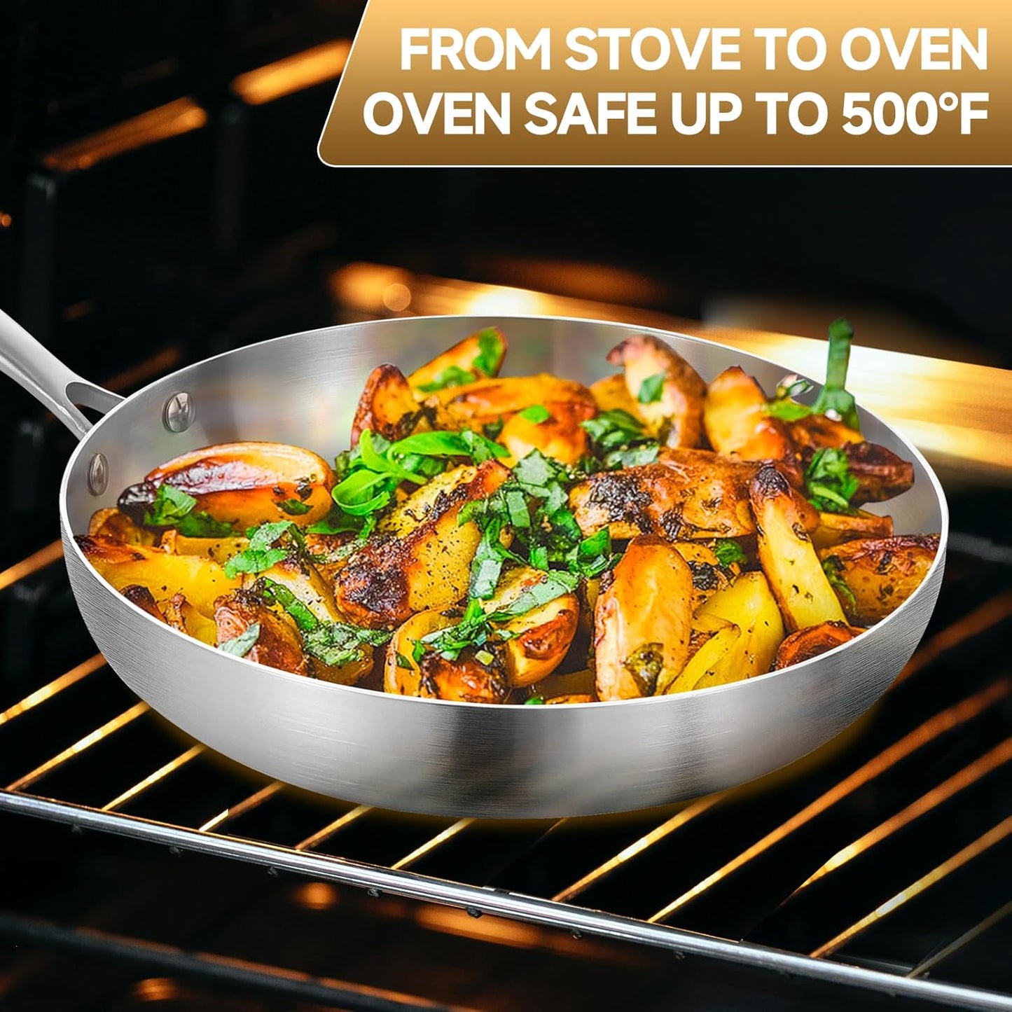 Inqibee 12 Inch Tri-Ply Stainless Steel Frying Pan with Lid and Helper Handle,Skillet,Induction Cooking Pan,Dishwasher and Oven Safe,Detachable Handle.