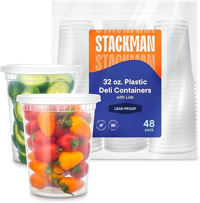 Soup Containers with Lids [48 Sets -32 oz.] Quart Plastic Deli Container - Deli Food Storage Containers with Airtight Lids for Freezer & Restaurant Takeout
