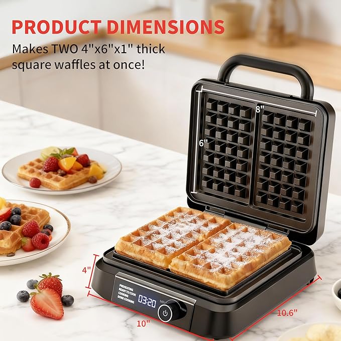Waffle Maker, 1200W Belgian Waffle Maker, Dual Rectangular Thick Waffle Iron, 7-Level Browning LED Panel, Nonstick Plates, Anti-spill Design, Audible Ready Beep, Easy Cleanup, Stainless Steel