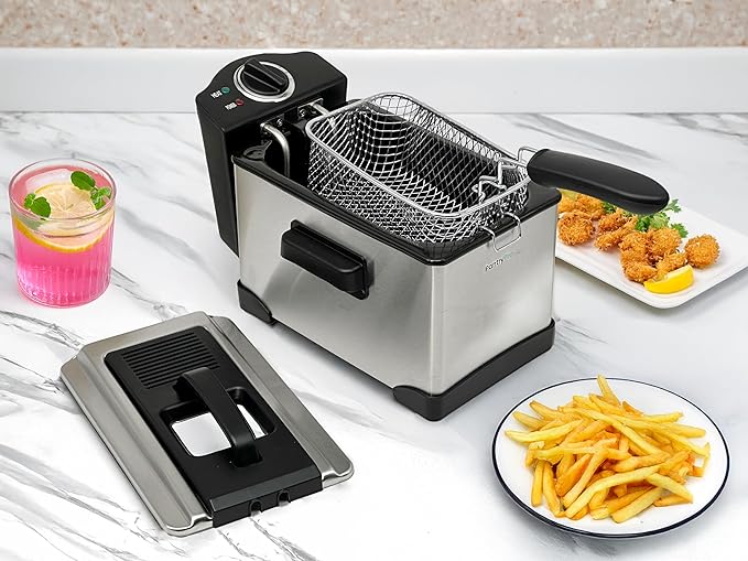 PantryPro 2 Liter / 2.1 Quart Stainless Steel Immersion Electric Deep Fryer, 1400 W, Temperature Control, Basket with Hook, Odor Filter, Lid w. Viewing Window