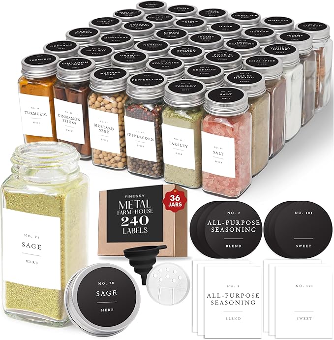 Glass Spice Jars with Labels with Metal Lids and Shakers Farmhouse 36 Pack Set, 4oz Small Clear Empty Spice Bottles Seasoning Containers with Label Organizer Square Herb Seasoning Jars for Kitchen