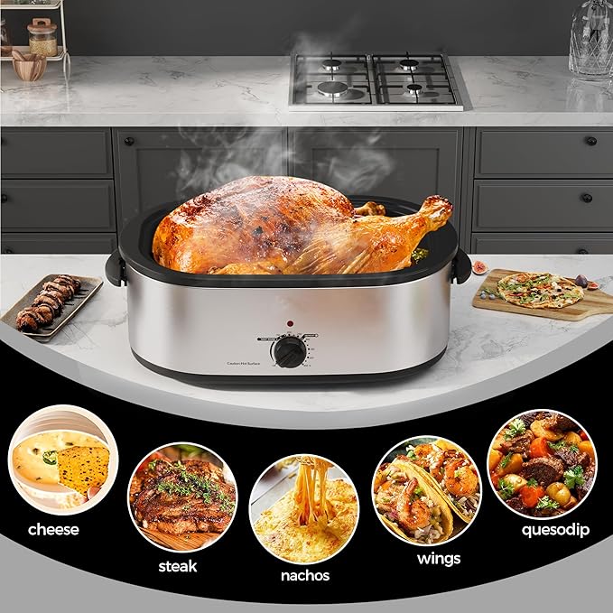 Roaster Oven, 20Qt Turkey Roaster Oven with Self-Basting Lid, 1450W Electric Roaster Pan with Cool-Touch Handles, Stainless Steel with Removable Pan and Rack, Silver