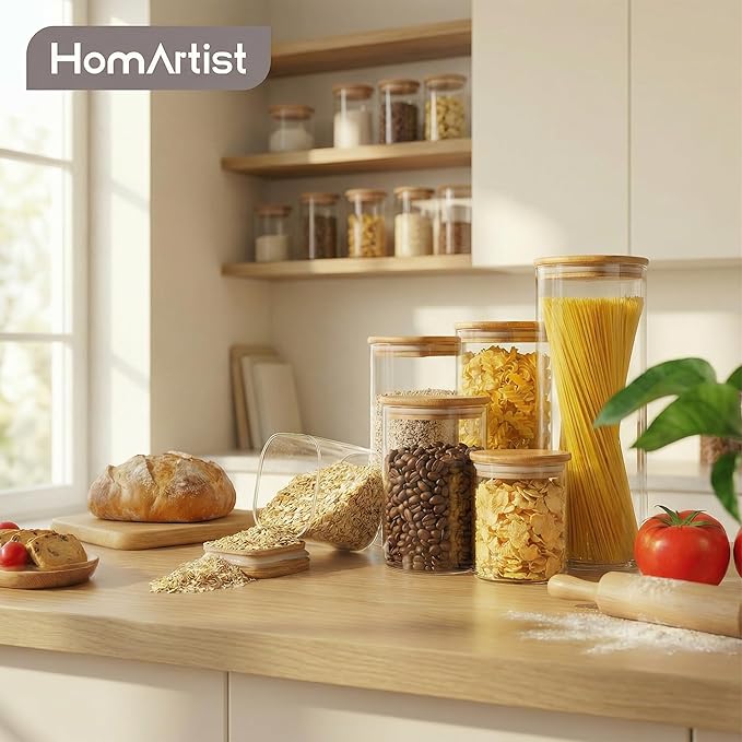 Multi Size - 5 Pack Glass Jars with Bamboo Lids, Glass Pantry Storage Containers with Airtight Lids, Round Air Tigh Food Storage Canisters for Cereal, Pasta, Flour, Sugar, Best for Kitchen Organizer