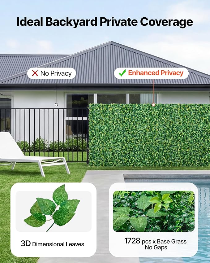 VEVOR Artificial Plant Wall, 4 PCS, Each Panel 2 x 8 ft Artificial Boxwood Panels, Sun Protection Greenery Backdrop Privacy Hedge Fence, Fake Grass Screen for Wedding, Indoor,Outdoor Garden Mixed Leaf