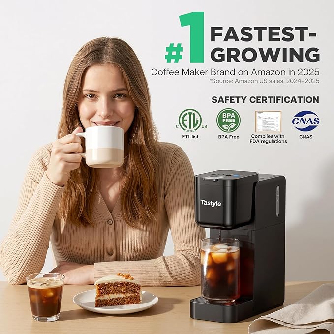 Tastyle Single Serve Coffee Maker Hot and Iced with Bold Brew, Small Coffee Machine for K Cup and Ground, Fits 7.3'' Travel Mug, Brews up to 16 Oz, 5 Cup Sizes, for Office, RV& Hotel, Elegant Black