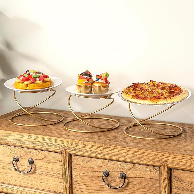 MyGift Modern Gold Tone Metal Wire Spiral Pizza Pan Pedestals, Tabletop Serving Platter Riser Stands, Food Dish Rests or Dessert Tray Display Racks, Set of 4