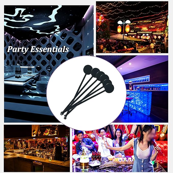200Pcs Cocktail Swizzle Sticks, 7 Inches Disposible Plastic Disc Top Drink Stirrers Black Drinks Mixing Rod for Coffee Milk Cocktail Whiskey Beverage Bar (Black)