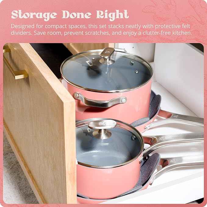 Premium Non-Toxic Ceramic Cookware Set – Triple-Layer Nonstick 12 Piece Pots and Pans with Lids, PFAS-Free, Oven Safe for Healthy Meals, Space-Saving Design, Coral Pink Color | Greater Goods