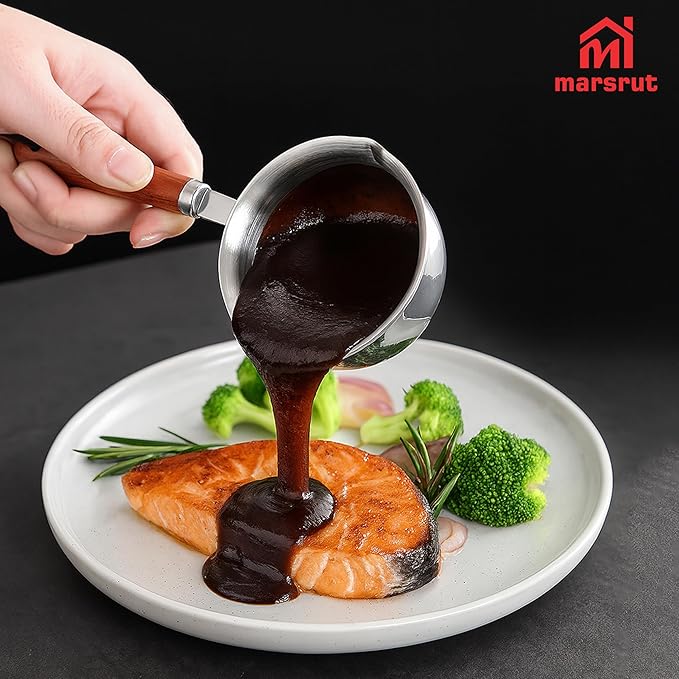 150ml Butter Melting Pot Warmer, Mini Sauce Pan for Soup Milk Coffee Chocolate Tea Gravy Reheating Cooking Boiling, Wooden Handle 304 Stainless Steel Small Tiny Cup for Making Sauces Breakfast Kitchen