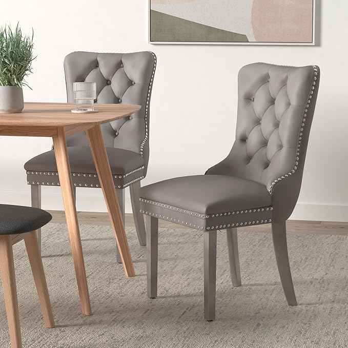 Velvet Dining Chairs Set of 2, Upholstered Dining Room Chairs with Back Ring Pull Trim and Sliver Stainless Steel Legs,Tufted Wingback Chair Perfect for Dining Room,Kitchen(Grey)