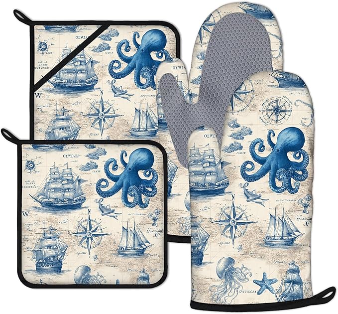 Sea Octopus Compass Oven Mitts and Pot Holders Sets 4Pcs Silicone Non-Slip Mitts Heat Resistant Gloves Hot Pads for Kitchen Cooking Baking Grilling BBQ