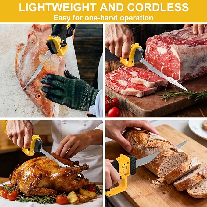 Electric Fillet Knife for Fish with 4 Stainless Steel Blades & Ergonomic Non-Slip Grip Handle, Cordless Electric Knife with 2 Rechargeable Batteries, Charger and Case for Fishing