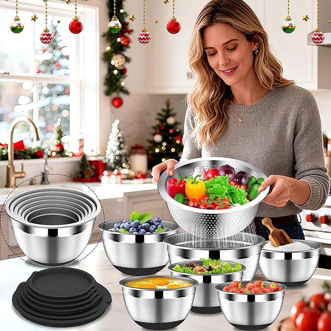 DUTZUN Mixing Bowls with Lids Set - 16pcs Stainless Steel Mixing Bowl Set with Colander, 3 Grater Attachments, Non-Slip Bottom, Metal Nesting Bowls with Strainer for Mixing & Serving - Black