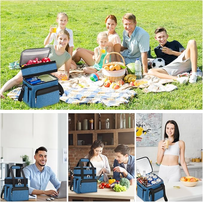 holuxer Insulated Lunch Bag & Lunch Box for Men - Double Deck Reusable Lunch Bag for Women Tote Cooler Bag Leakproof Soft Expandable - Extra Large Lunchbox for Work/Adult/Picnic/Outdoor (Blue，22L)