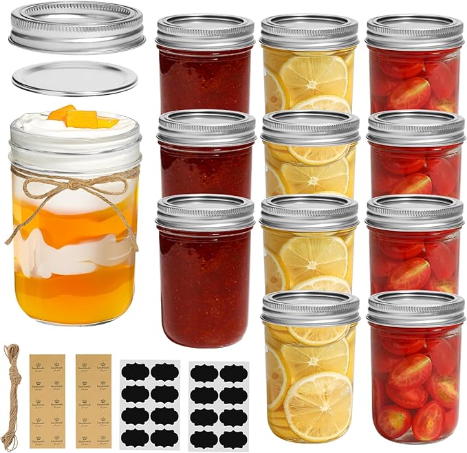 ComSaf Small Mason Jars 8 oz 12Pcs Bulk Set, Half Pint Regular Mouth Mason Jar with Lids and Seal Bands, Glass Canning Jars for Jam, Jelly, Spice, Meal Prep, Shower Wedding Favors, DIY Candles Decor