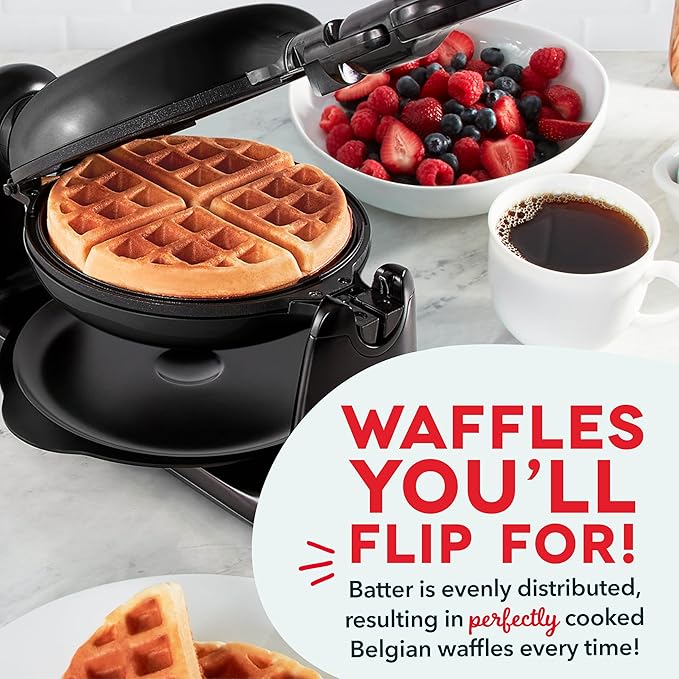 Dash Flip Belgian Waffle Maker - 6.5" Nonstick Surface - Rotating Belgian Waffle Maker with Quick Heat-Up System for Easy Breakfasts - Supports Multi-Use - Black