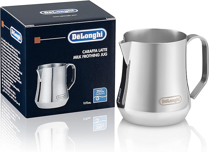 De'Longhi Fancy Collection Double Walled Thermo Espresso, Cappuccino and Latte Macchiato Glasses (Set of 6) and De'Longhi DLSC060 Stainless Steel Milk Frothing Jug
