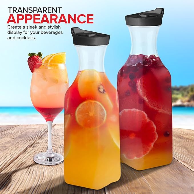 50oz Plastic Juice Carafe with Black Lids (6 Pack) 50 oz Carafes for Mimosa Bar, Drink Pitcher with Lid, Milk Container, Clear Beverage Containers for Fridge, Pantry Storage, Square Pitchers