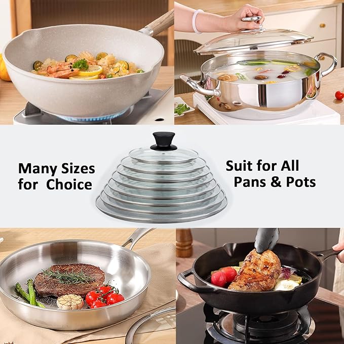 8 Inch Glass Lids, Replacement Tempered Clear Glass Lids with Steam Vent，Covers For pots, pans and skillets，Available in Small and Large Lid 8, 9.5, 10.25, 11, 12, and 12.5 Inch