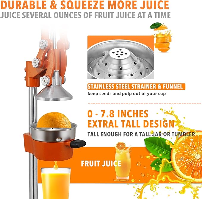 19 Inch Height Extra Tall Commercial Heavy Duty Cast Iron Hand Press Manual Orange Citrus Lemon Lime Grapefruit Pomegranate Fruit Juice Squeezer Machine with Stainless Steel Cup