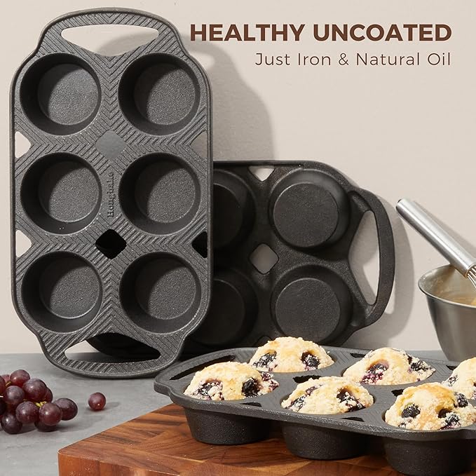 HONGBAKE Everline Collection Cast Iron Muffin Pans, Non toxic Uncoated 6-Cup Muffin Tins, Non-Stick Pre-Seasoned Cupcake Tray Pan Set for Baking, Oven & Stovetop Safe, Standard Size, 2 Pack