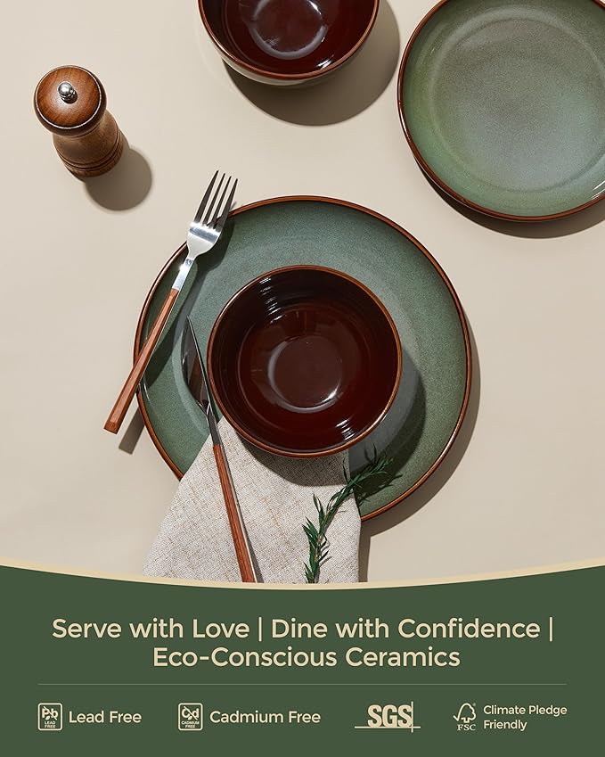 Pokini 24 Piece Double Bowl Dinnerware Sets with Pasta Bowls, Highly Chip and Crack Resistant Plates and Bowls Sets, Natural Earthyware Ceramic Dishware Sets, Service for 6 Sage Green