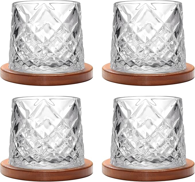 Rotatable Old Fashioned Glass, 275ml/10oz Crystal Whiskey Glass Set of 4, Wood Coaster, Thickening, Used as Rum Glass, Cocktail Cup, Coffee Cup, Milk Cup to Relax and Reduce Stress, Christmas gifts