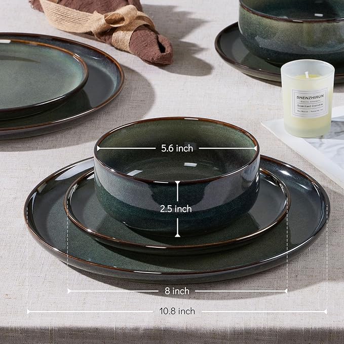 E-far 6-Piece Plates and Bowls Set, Stoneware Dinnerware Sets for 2, Ceramic Dishes Reactive Glaze Dinning Ware, Microwave & Dishwasher Safe - Obsidian Green