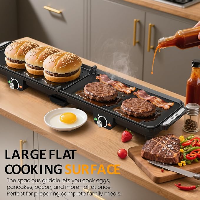 Sunvivi Large Electric Griddle 38'' x 9'', 1600W Indoor Grill with 2 Adjustable Temp Knobs, Even Heating, Nonstick Plate, Foldable Electric Grill Pan Indoor with Drip Tray, Easy to Clean