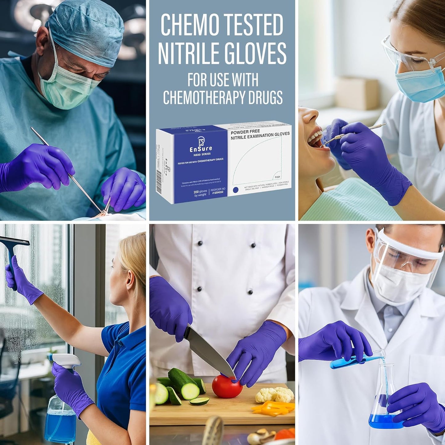 EnSure Nitrile Exam Gloves, Powder-Free, Latex-Free, Chemo Rated, Non-Sterile, Light Duty, Textured Tips, Medical, Surgical, Food Safe, Cleaning, Dental, Lab Use - 3 Mil (X-Small, 2000 Count)