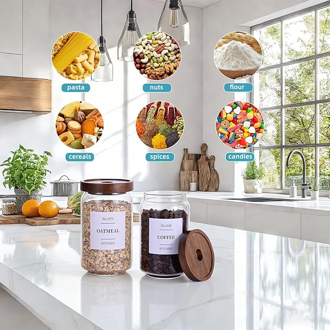 Tzerotone Glass Pantry Storage Jars with Acacia Airtight Lid, 25oz Clear Kitchen Canisters with Wood Lid, 6 Set with 132 Labels for Tea, Sugar, Spice, Herbs