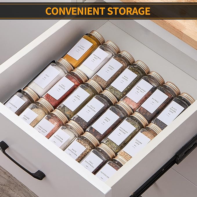 48 Pcs Spice Jars with Label- Glass Spice Jars with Gold Metal Caps,Shaker Lids, Funnel, Chalk Pen,Skiileor 4oz Seasoning Containers Bottles for Spice Rack, Cabinet, Drawer
