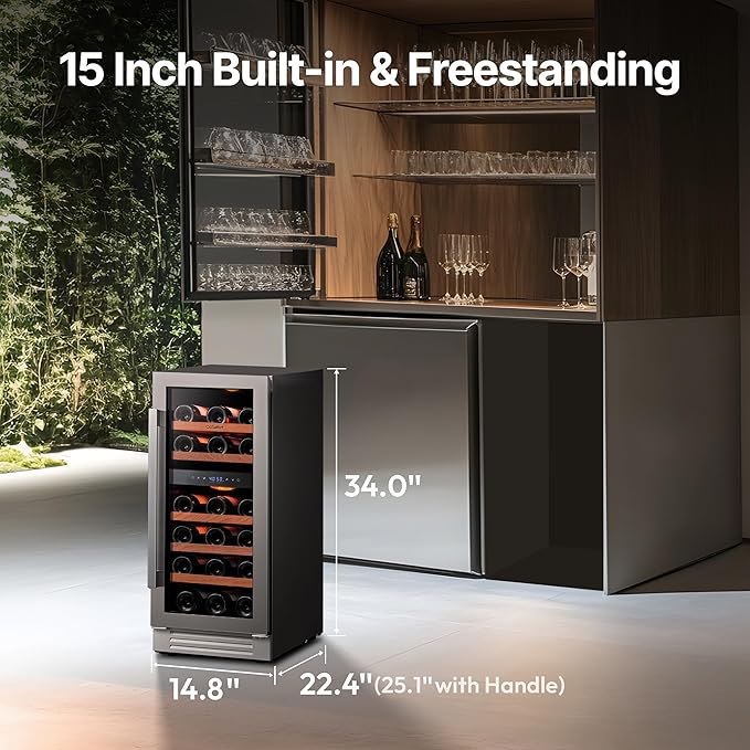 Ca'Lefort 15 Inch Wine Fridge, 28 Bottle Wine Cooler Refrigerator, 40-65°F Wine Refrigerator Glass Door, 3 LED Dual Zone Wine Fridge, Built-in or Freestanding Fridge for Home/Bar/Kitchen (3.0 cu.ft)