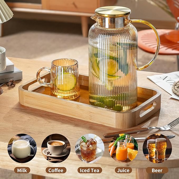 Buaic Glass Pitcher with Lid, 68 oz/ 2 Liter Amber Classic Vertical Stripes Water Pitcher,Glass Water Carafe for Cold Brew, Coffee, Lemonade, Iced Tea,Beverage, Heat Resistant Water Glass Jug