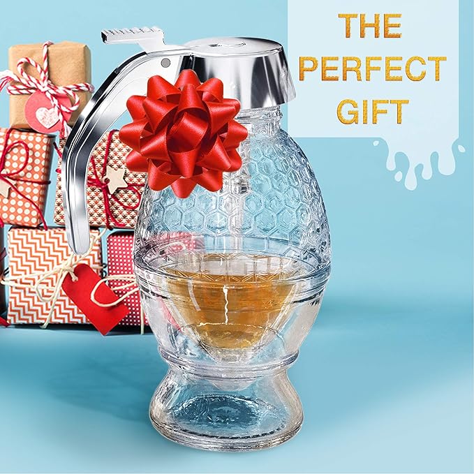 CLEVLI Glass Honey Dispenser – No Drips, No Trails Honey Container 8 Oz with Stand – Easy to Clean Honey Pot – Honey Jar with Dipper – Maple Syrup Dispenser – Syrup Holder with Honeycomb Design