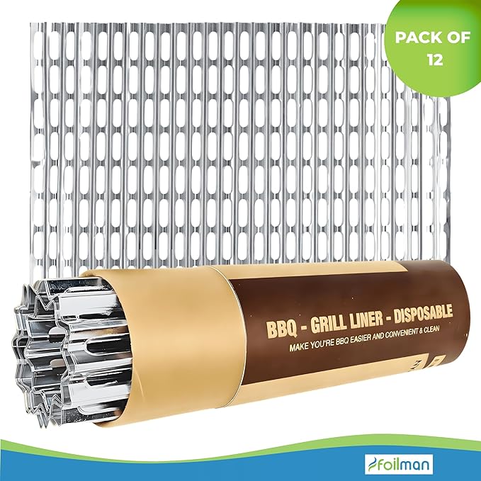 Foilman Heavy-Duty Disposable Aluminum Grill Liners, 12 x 20 Inch Nonstick Cooking Sheets for BBQ, Protects Grates from Grease, Even Heat Distribution, Easy Cleanup for Outdoor Grilling - Pack of 12