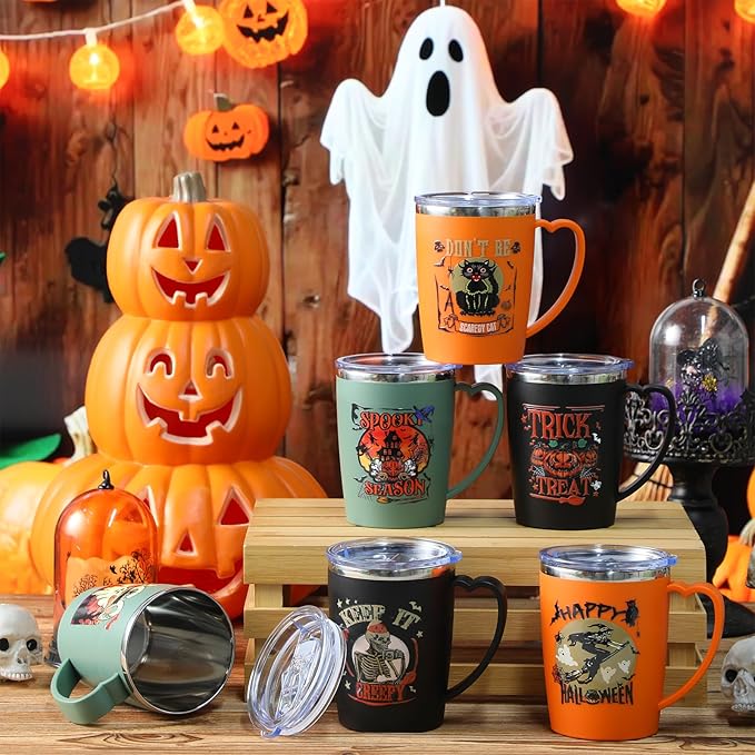 6 Pcs Halloween Coffee Mugs Cups 16 oz Halloween Stainless Steel Insulated Tumblers Bulk with Handle Lid Straw Brushes Spooky Ghost Face Monster Black Cat Mugs Trick or Treat Gifts
