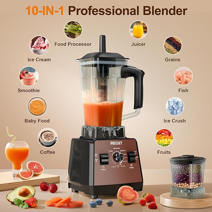 Blenders for Kitchen, Smoothie Blender, 2400W/1000W Prasky Blender & Grinder Combo, 25,000 RPM High Speed, 68oz BPA-Free Food Processor, Countertop Blender for Smoothies, Shakes & Food (Brown, 2L)