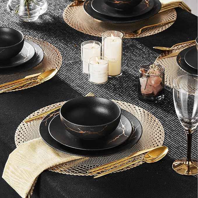 KINGSTONE Porcelain Dinnerware Sets for 8 | 24 Piece Plates and Bowls Sets Kitchen Dishes Scratch Resistant Matte Black Gold Vein Dinner Salad Plate Dishware for Party Daily Wedding