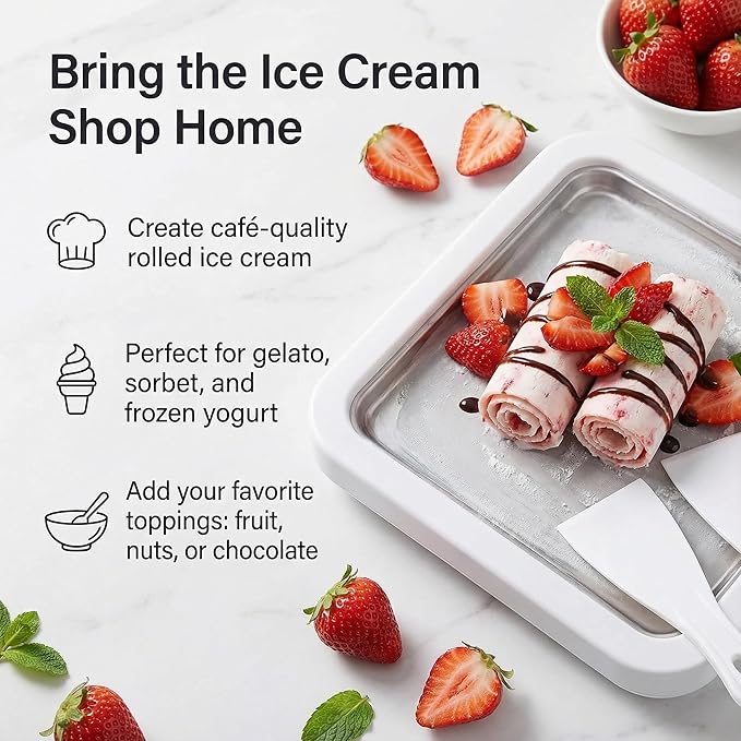 At-Home Rolled Ice Cream Maker Kit, Instant Freeze Plate with 2 Scrapers, DIY Ice Cream Roll Tray for Kids & Adults, Homemade Gelato, Sorbet & Frozen Yogurt, Stainless Steel Dessert Maker (White)