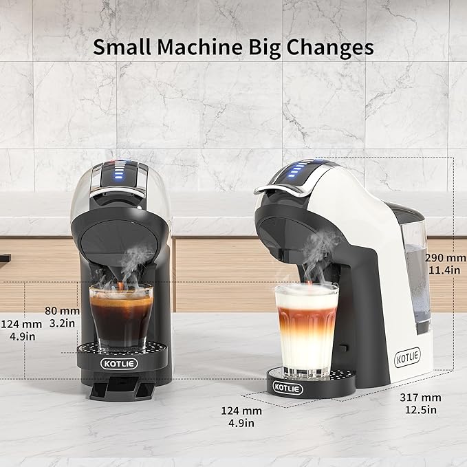 KOTLIE Single Cup Coffee Maker, Multi Capsule Machine Compatible With Various Capsule Types, 4 Temperature Settings, 7 Water Volume Levels,19 Bar(Glossy White)