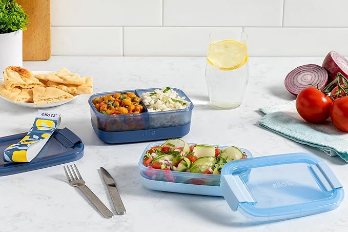 Ello 2-Pack Lunch Stack Plastic Food Storage Container Bento Box with Airtight, Leak-Proof Locking Plastic Lids and Silicone Base, BPA-Free, Freezer, Microwave, and Dishwasher Safe, Blueberry