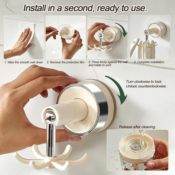MFMYEE Kitchen Suction Cup Hook, 360 Degree Rotating Storage with Multiple Claws, Punch-Free Organizer, Shower Suction Cup with 6 Hooks (White)