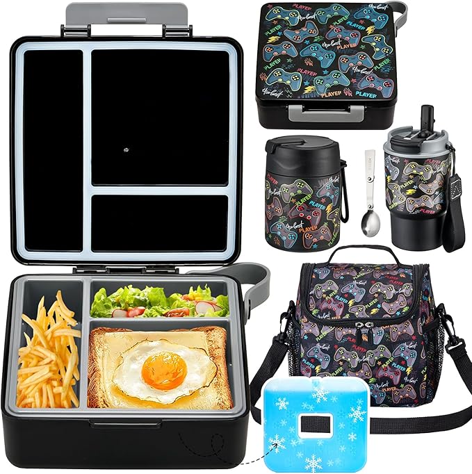 Pawtong Lunch Box Set with Bento Box Container, 17OZ Stainless Steel Food Soup Thermo, Kids Water Bottle & Portable Insulated Lunch Bag – Leakproof, Hot/Cold Retention for School, Travel (Black-Game)
