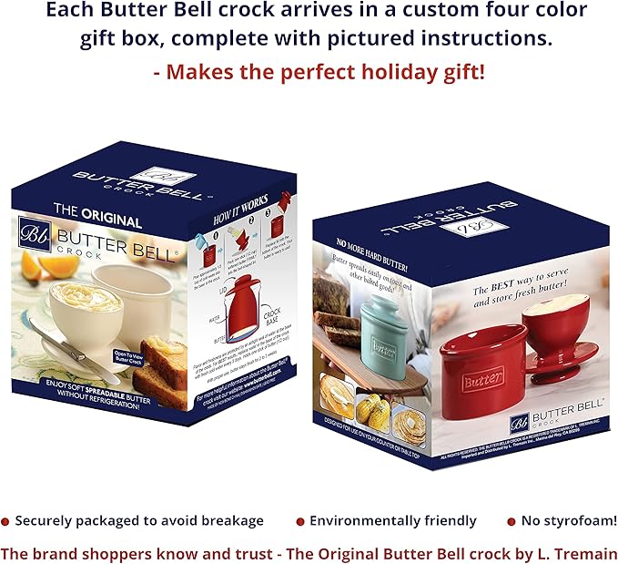 Butter Bell - The Original Butter Bell crock by L Tremain, a Countertop French Ceramic Butter Dish Keeper for Spreadable Butter, Le Bistro, White with Blue Trim