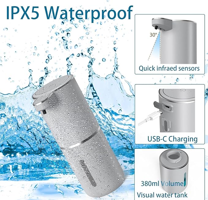 Automatic Liquid Soap Dispenser,Touchless Hand Soap Dispenser USB Rechargeabled Dispenser Electric,Wall Mounted 4 Levels Adjustable Dispenser Pump for Bathroom Kitchen Dish Soap Gray