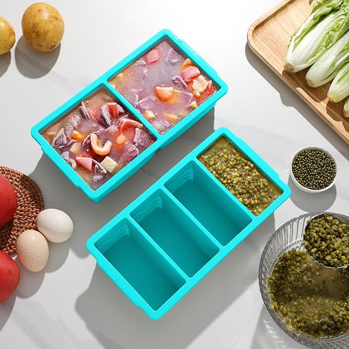 Silicone Freezer Molds for Soup with Lid, 1-Cup & 2-Cup Large Ice Cube Trays Food Storage Containers for Meal Prep, Freeze 500mL/250mL/125mL Portions – 2 Pack