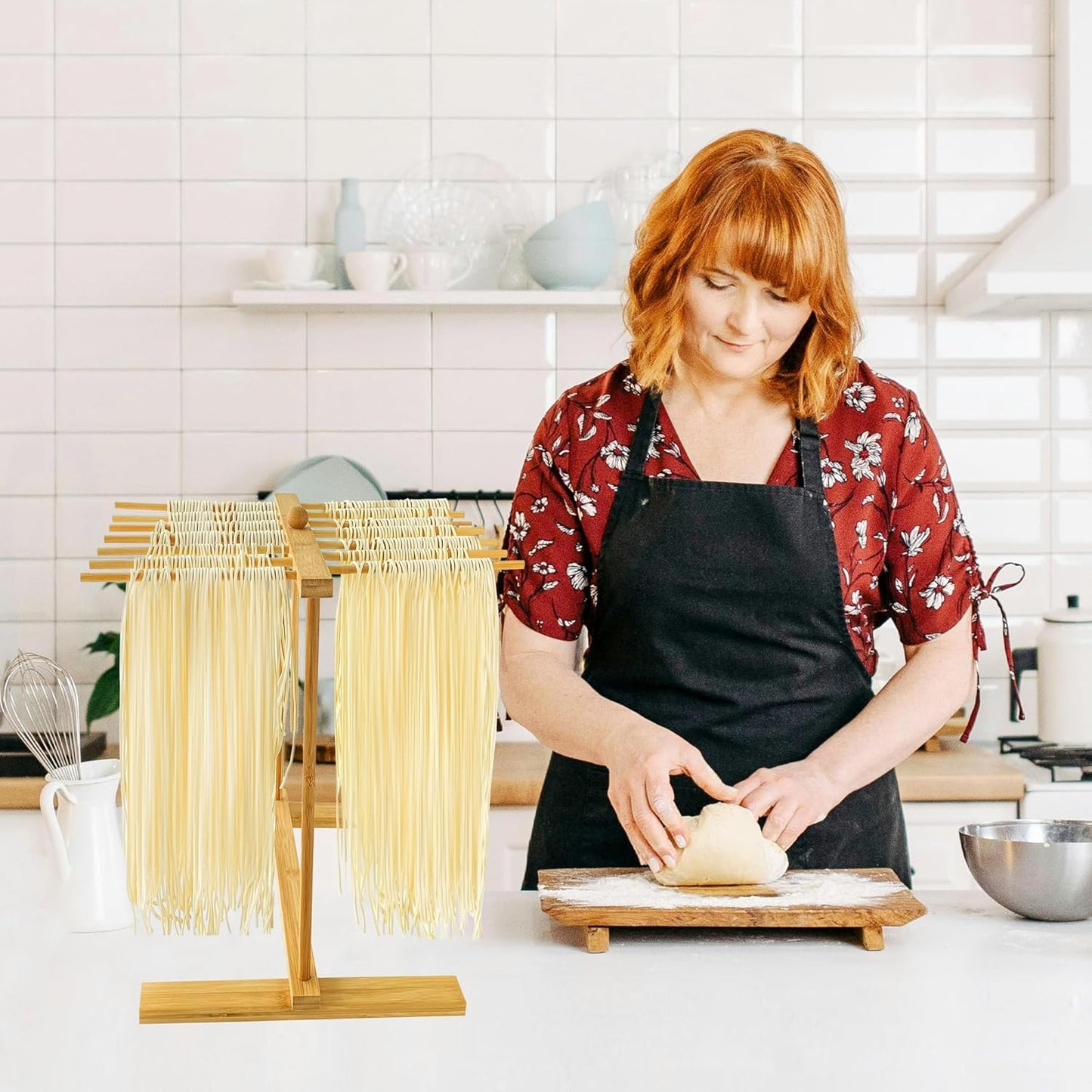 Bamboo-Pasta-Drying-Rack with Transfer Wand & 12 Arms, Large Collapsible Fresh Pasta Dryer Holder for Homemade Noodle, Spaghetti, Tagliatelle, Detachable Fettuccine Hanger Stand with 12 Bars
