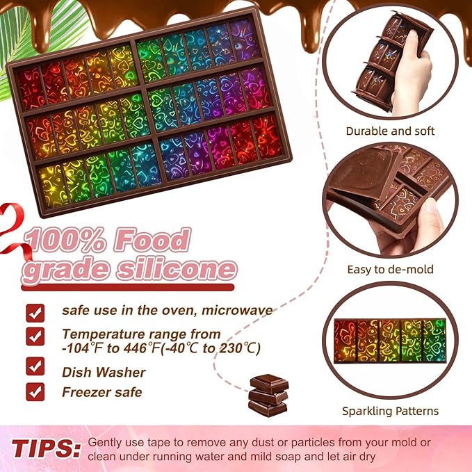 Ziliny Heart Holographic Chocolate Bar Mold Silicone, Rainbow Light Effect Chocolate Bar Deep Thick Molds for DIY Candy Dessert Baking, Candy, Wax Melts, Cake Decoration (Rectangle)