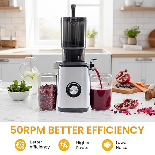 HealSmart Cold Press Juicer, Slow Masticating Juicer Machines with Wide Feed Chute, Fits Whole Fruits and Vegetables, High Juice Yield, BPA Free, Easy to Clean, Silver
